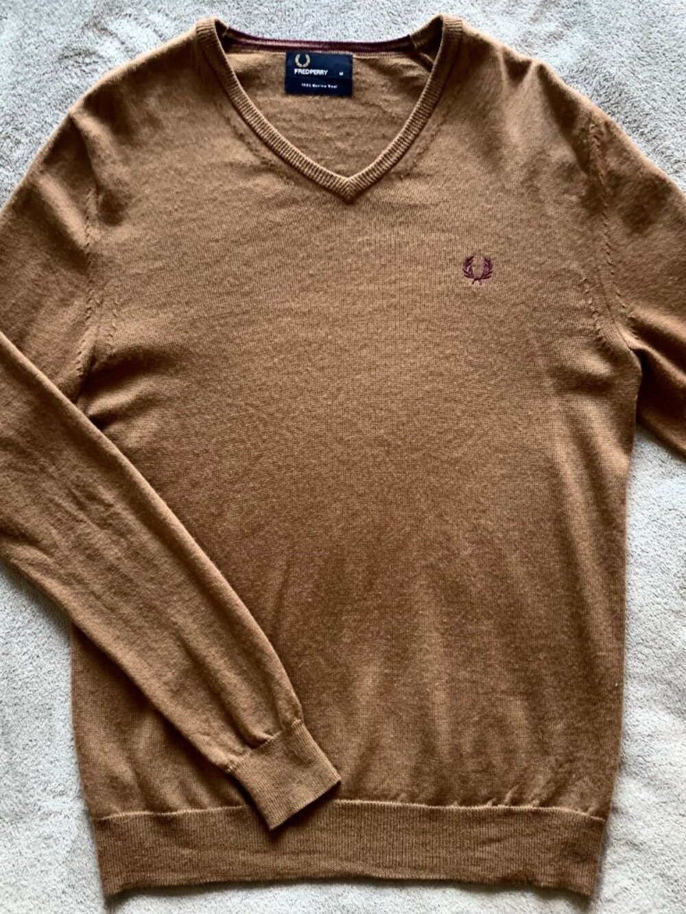 Fred Perry Merino Wool V-Neck Sweater. Caramel/Purple Wreath. Medium.